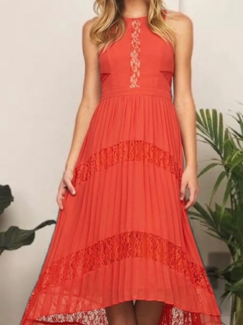 Adelyn Rea High Low Lace Dress Red / Orange Small Halter Maxi
